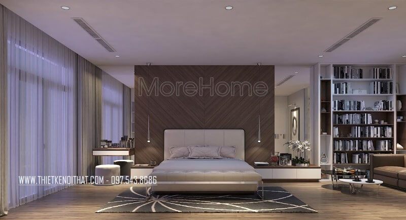 Việc hài hòa ánh sáng cho không gian phòng ngủ rất quan trọng vì vậy KTS khéo léo lựa chọn cửa kính cường lực để lấy ánh sáng tự nhiên đồng thời giảm bớt được ánh sáng đó vào ban đêm bằng việc sử dụng rèm cửa mỏng nhẹ nhàng