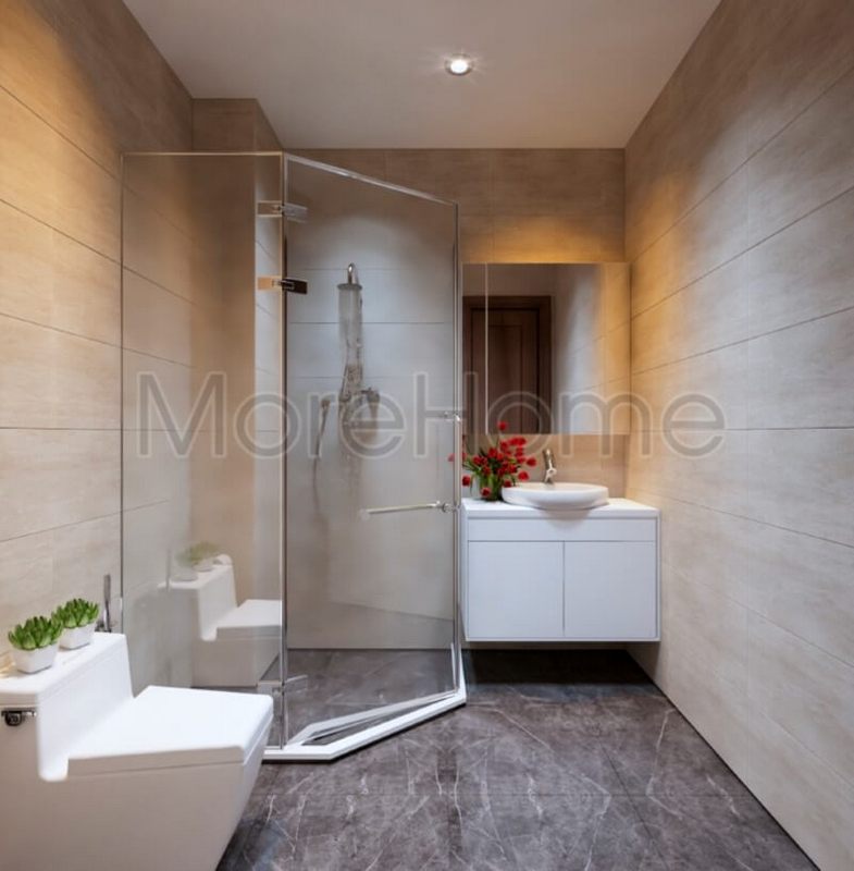 Chọn đá lát nền và tường để tạo ra một phòng tắm sạch sẽ và đẹp mắt, và sử dụng ánh sáng để tối ưu hóa diện tích phòng.
