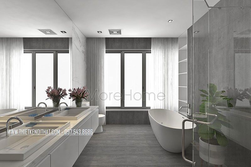 Mẫu tủ Lavabo được thiết kế với kiểu dáng hiện đại và dài, có nhiều ngăn tủ giúp tăng cường tính tiện nghi trong quá trình sử dụng.